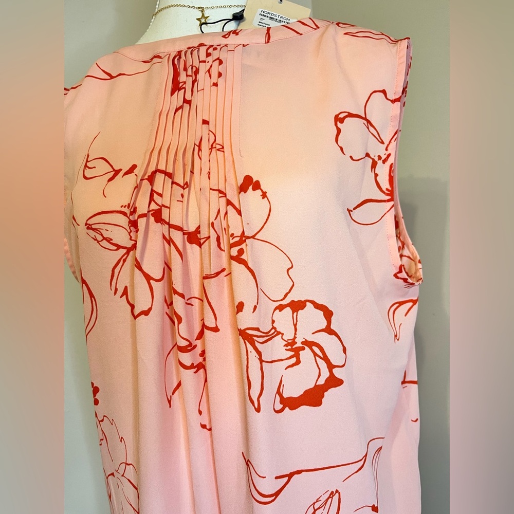 NYDJ Pink and Red Pleated Blouse with Mandarin Collar - Picture 3 of 9